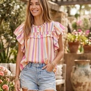 Haptics Holly Harper Womens Large Multi Color Stripe Ruffle Flutter Sleeve Top